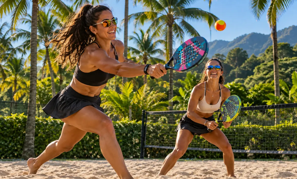 Dupla jogando beach tennis na quadra de areia
